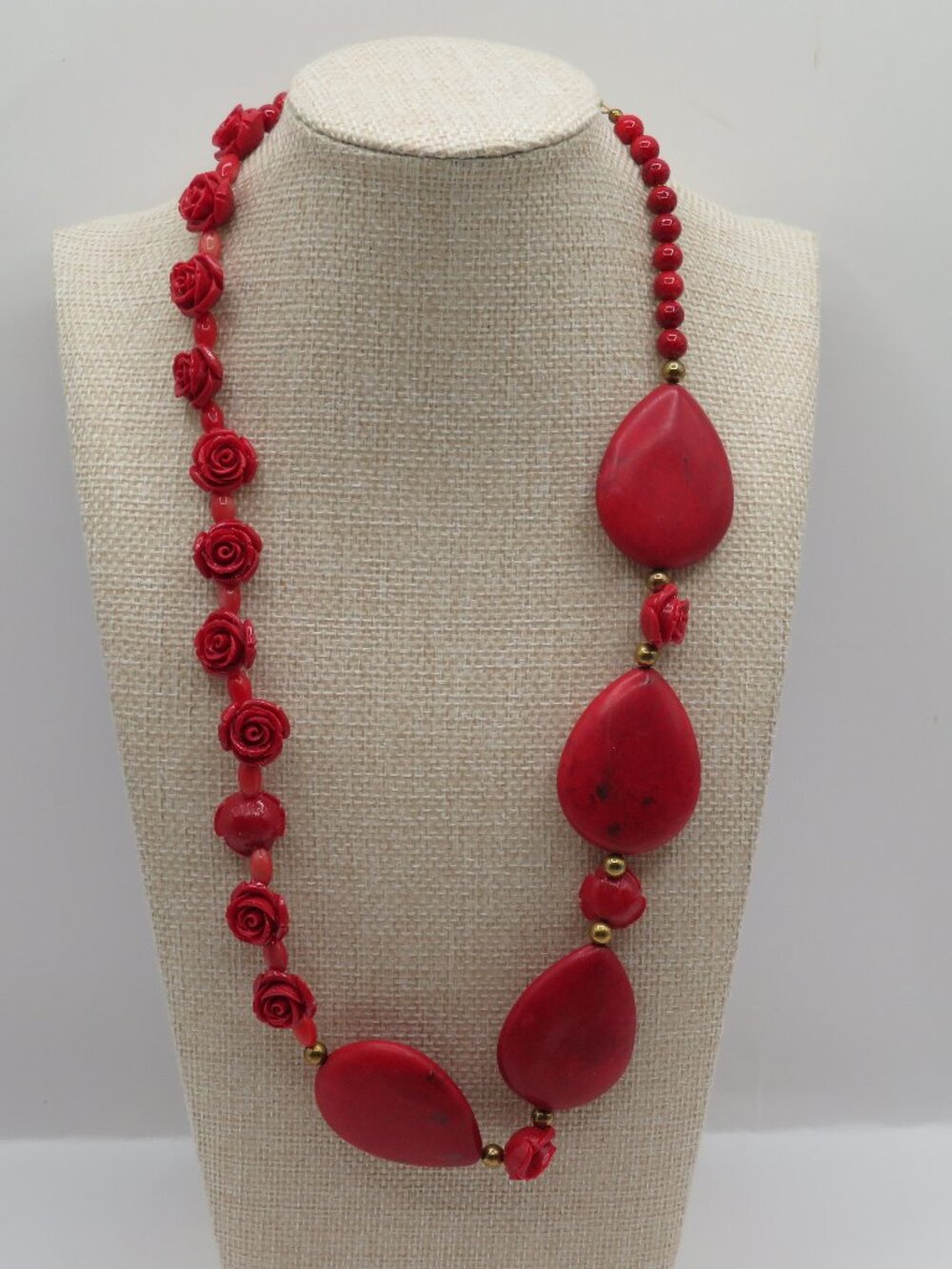 Red Rose and Large Tear Drop Beaded Statement Necklace